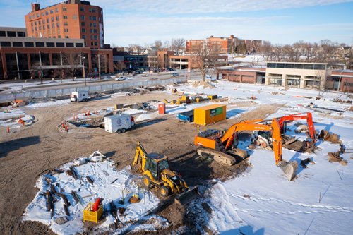 Aerial view of Heart Center construction